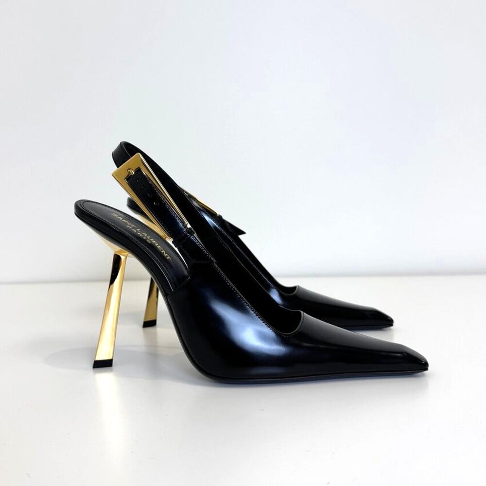 Saint Laurent Black Lee Slingback Pumps Gold Heel 38 NEW YSL Buckle Point Shoes - Picture 1 of 9